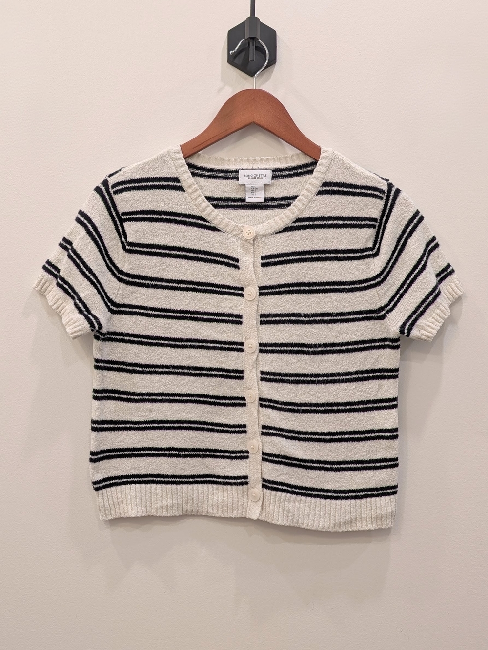 Striped Short Sleeve Button Cardigan - Cream & Black